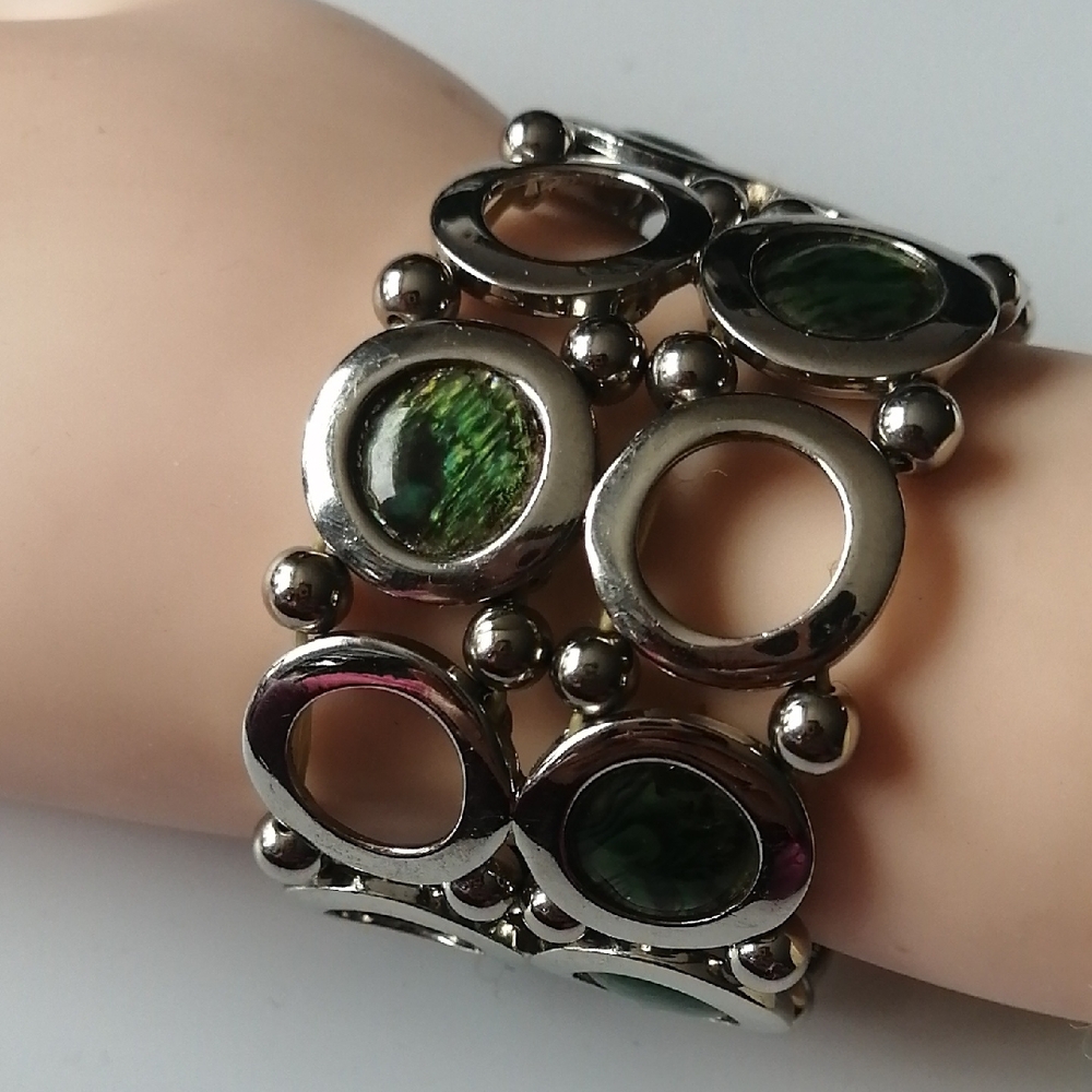 Vintage Brutalist Style Bracelet Stainless Steel Links Abalone Inlay
